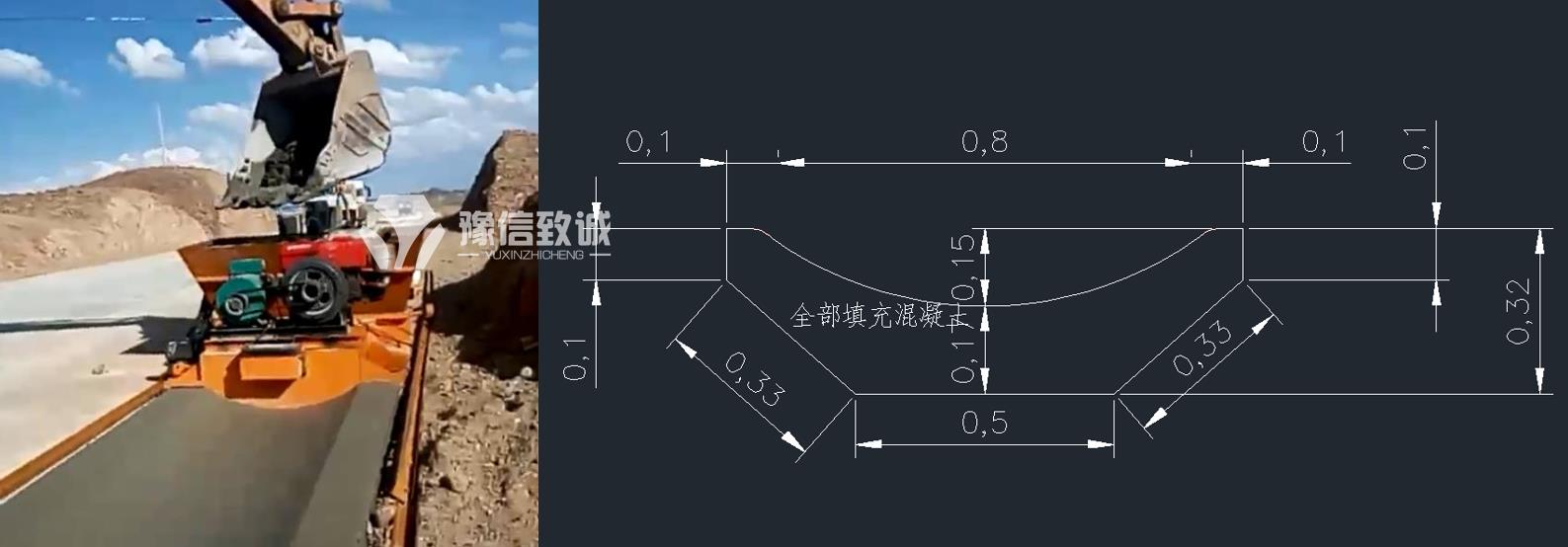 淺碟型水溝成型機(jī)現(xiàn)場和尺寸
